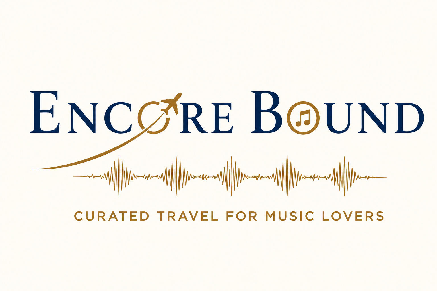 Encore Bound logo with airplane, music note, waveform, and curated travel tagline